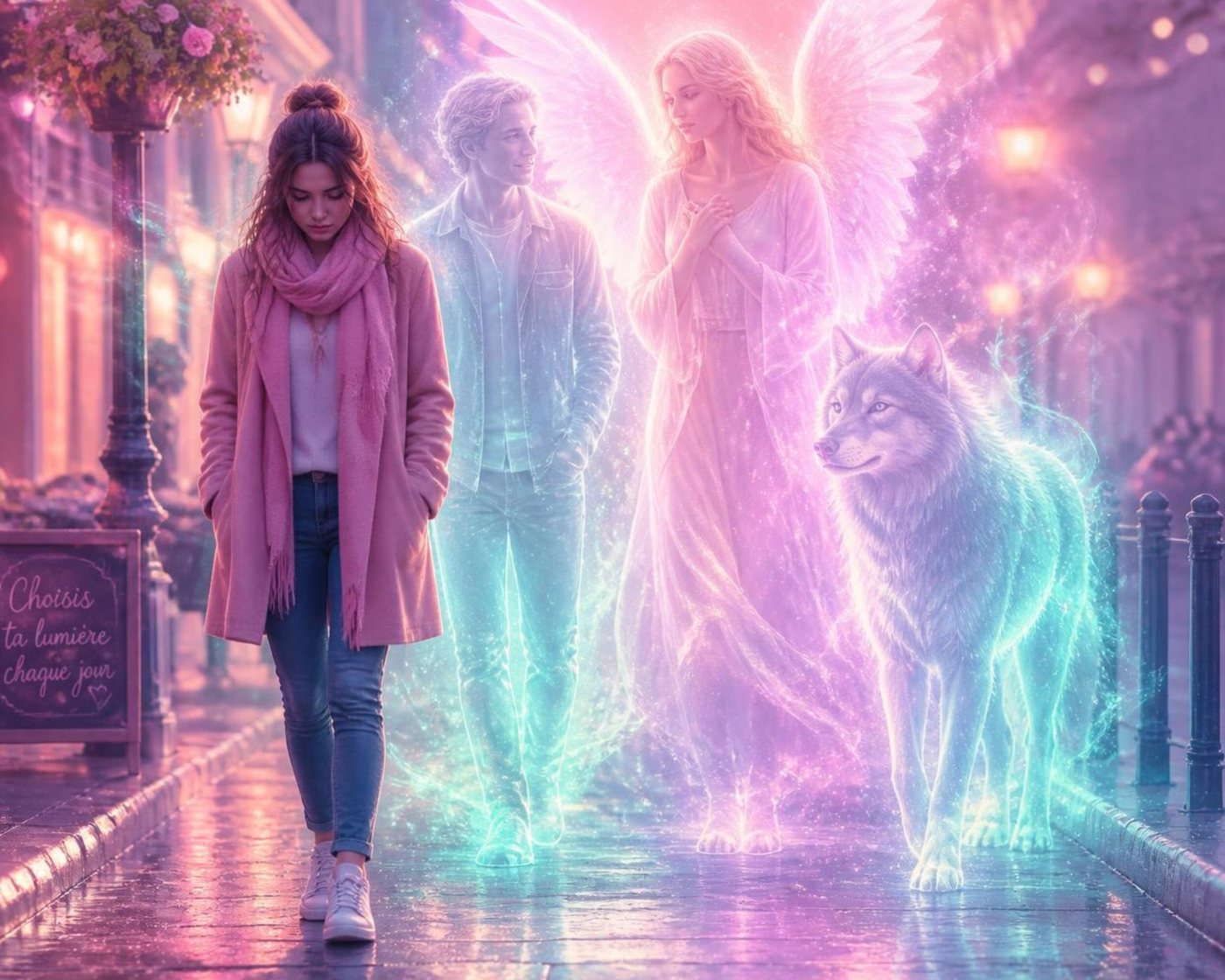 Une jeune femme marche dans une rue sous la pluie, accompagnée sans le voir par un ange lumineux, un guide et un loup, son animal totem.