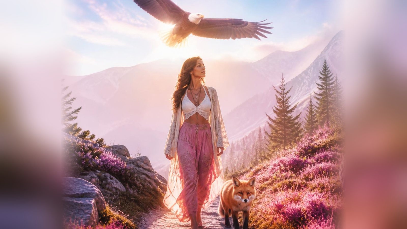 Une femme marche sur un sentier de montagne fleuri, accompagnée d'un renard à ses pieds et d'un aigle qui plane au-dessus d'elle.