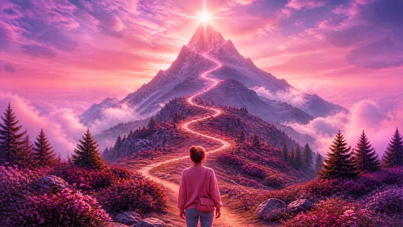 Une femme vue de dos, en pull rose, contemple un sentier lumineux qui serpente jusqu'au sommet d'une montagne sous un ciel rose et violet.