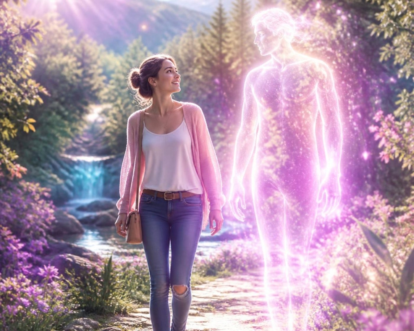 Une jeune femme souriante marche sur un sentier en forêt près d'une cascade, aux côtés d'un guide lumineux et bienveillant.