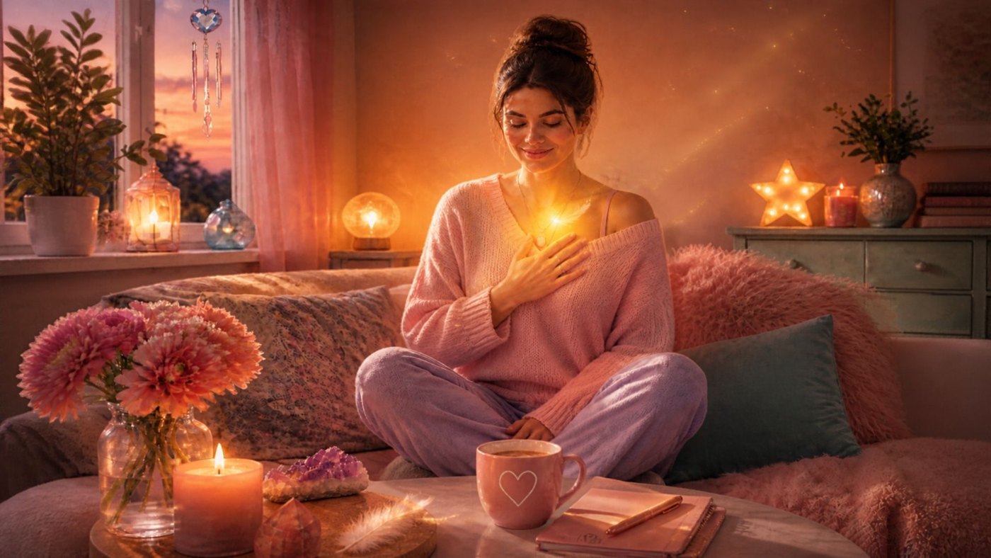 Une femme assise sur son canapé au coucher du soleil, une main sur le cœur et les yeux fermés, entourée de bougies, de fleurs et d'une douce lumière dorée.