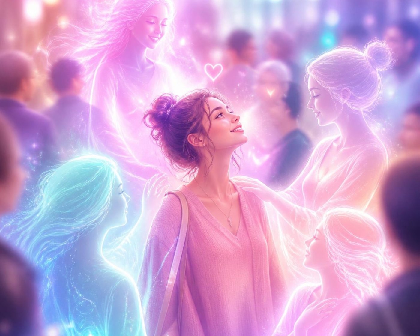 Une femme entourée de silhouettes lumineuses et bienveillantes, ses guides invisibles, dans une foule.