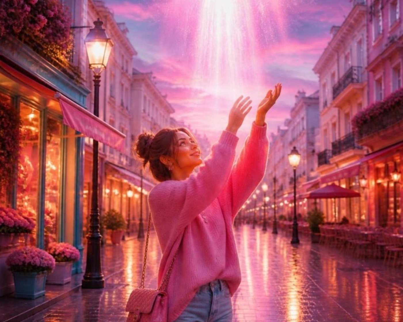Une jeune femme souriante lève les mains vers un faisceau de lumière rose dans une rue illuminée au crépuscule.