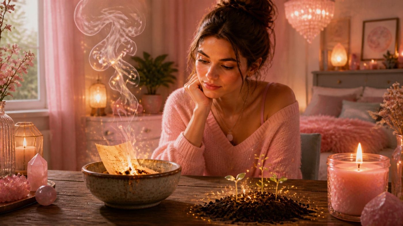 Une femme pensive devant un bol où brûle une feuille de papier, avec de jeunes pousses sortant de la terre, dans une chambre rose et lumineuse.