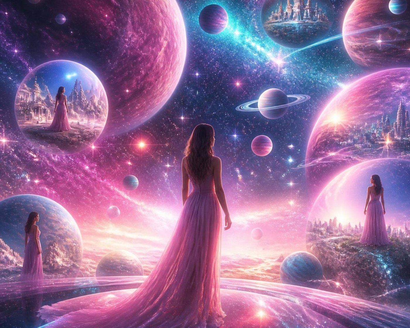 Une femme en robe rose contemple un ciel cosmique rempli de planètes, dans lesquelles apparaissent d'autres versions d'elle-même dans des mondes différents.