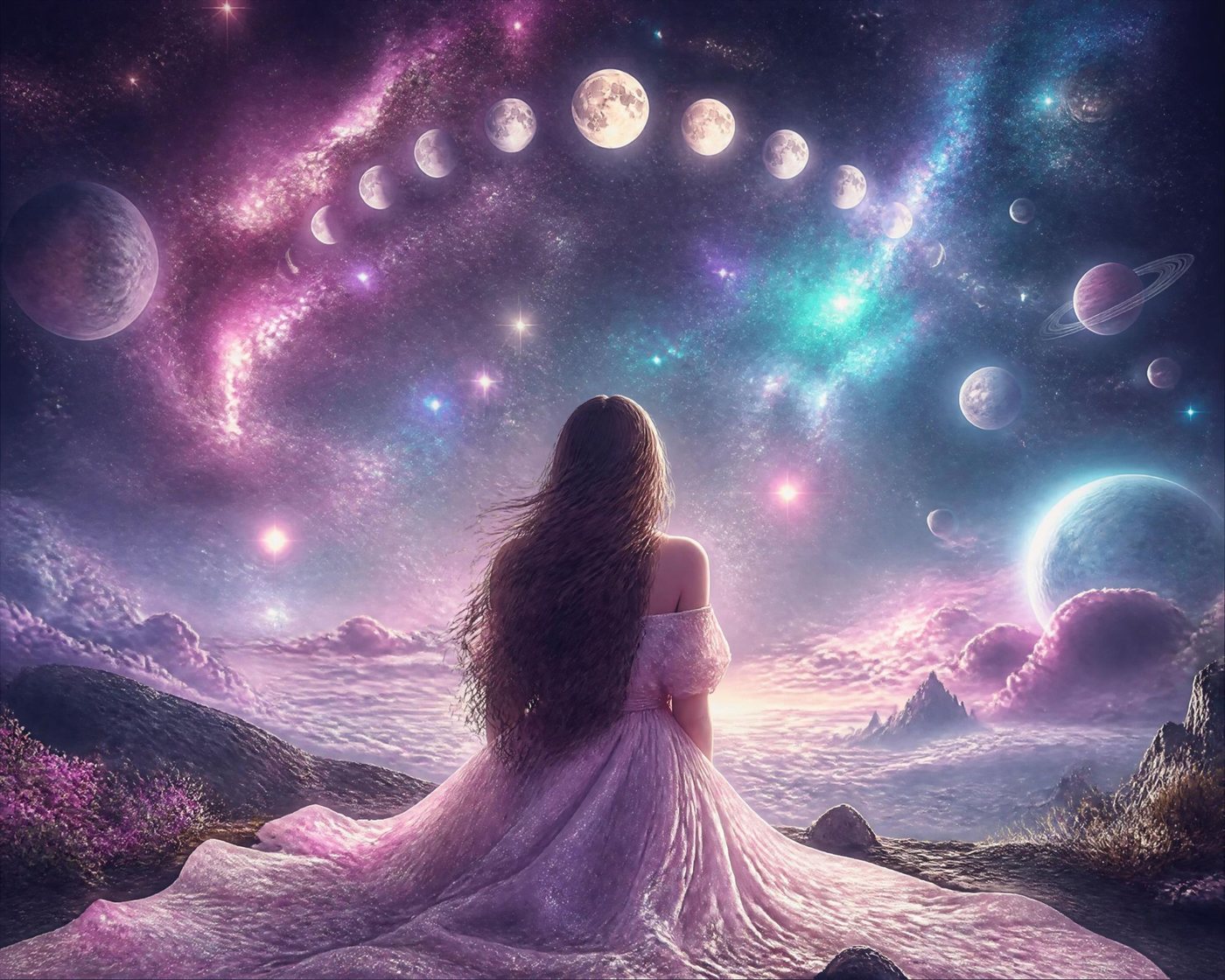 Une femme aux longs cheveux, vue de dos, contemple dans un ciel étoilé les phases de la lune alignées en arc, de la nouvelle lune à la pleine lune.