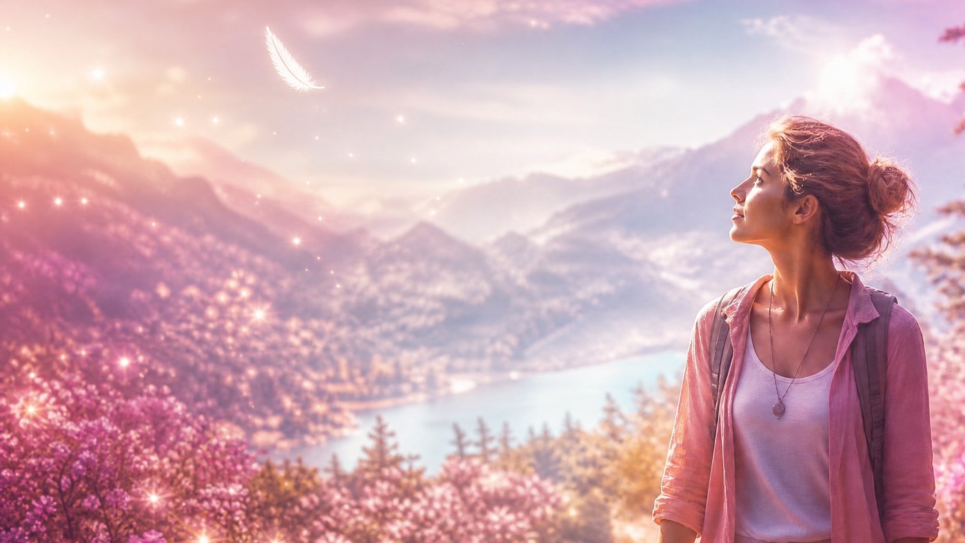 Une jeune femme au sac à dos lève les yeux vers une plume blanche qui descend du ciel, dans un paysage de montagne et de lac baigné d'une lumière rose et dorée.