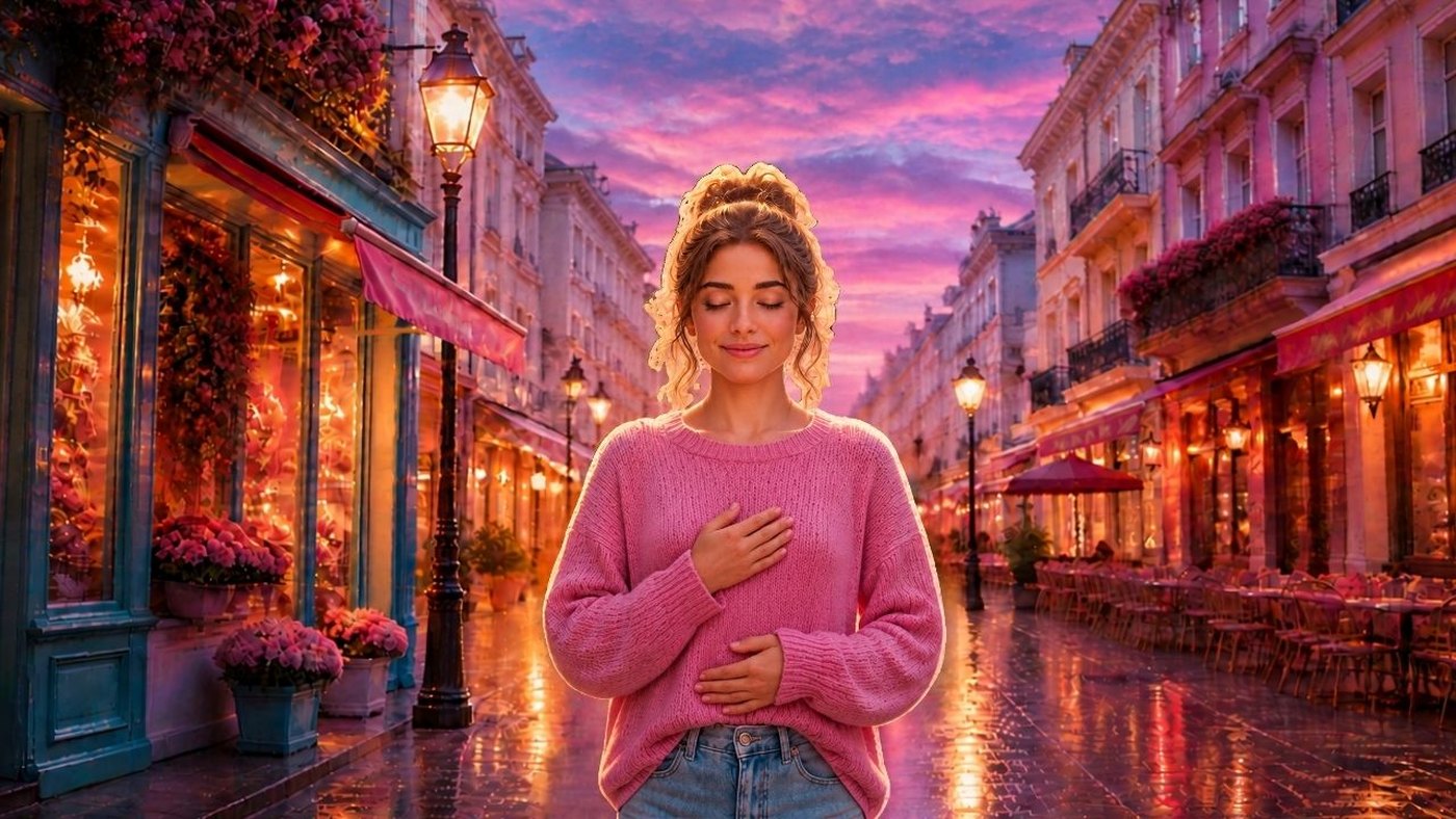 Une jeune femme aux yeux fermés, une main sur le cœur et l'autre sur le ventre, dans une rue bordée de boutiques fleuries et de terrasses, sous un ciel rose et violet au coucher du soleil.