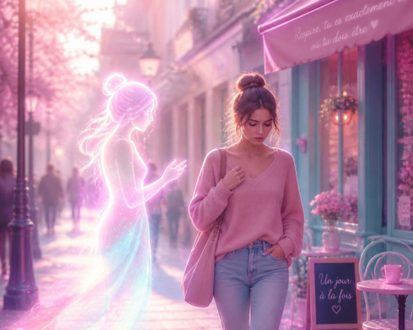 Une jeune femme pensive marche dans une rue fleurie, tandis qu'une silhouette lumineuse et bienveillante tend la main vers elle.
