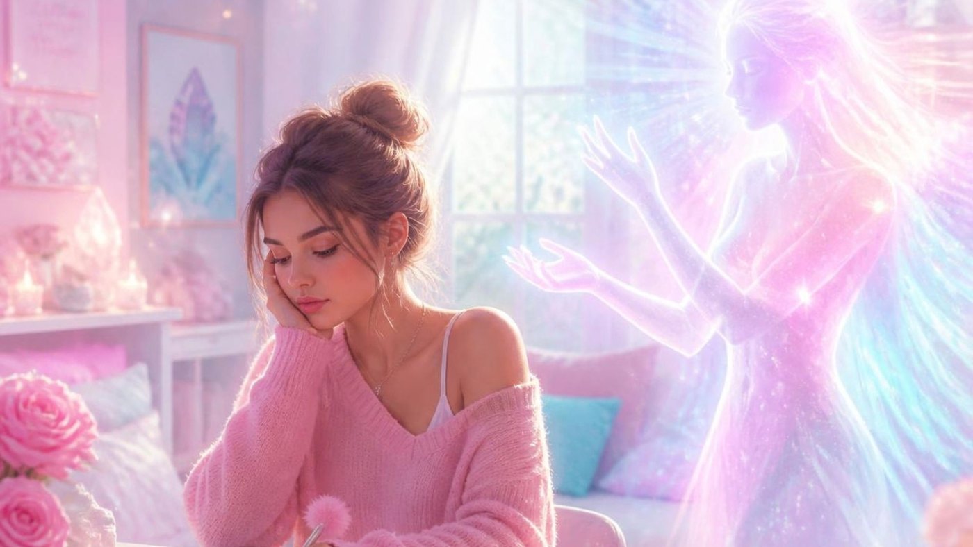 Une jeune femme en pull rose écrit dans son carnet, dans une chambre douce aux tons rose et violet, pendant que la silhouette lumineuse d'un ange gardien se tient près d'elle, les mains ouvertes.