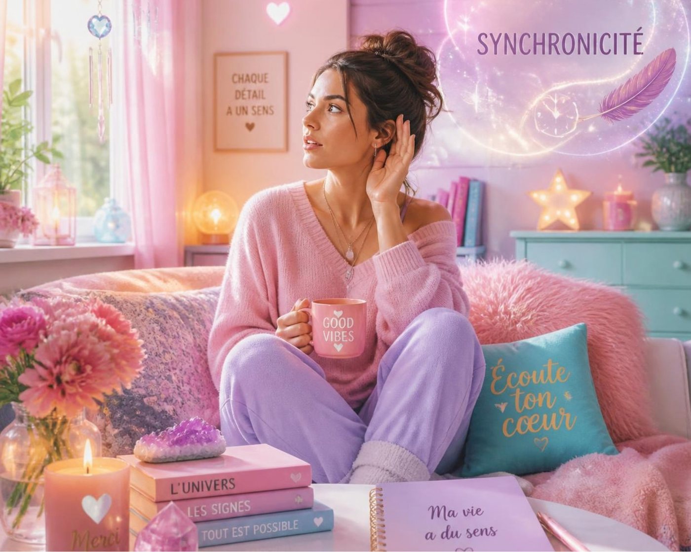 Une jeune femme dans un salon cosy aux tons roses tend l'oreille, entourée de symboles lumineux : une plume, une horloge et le mot synchronicité.