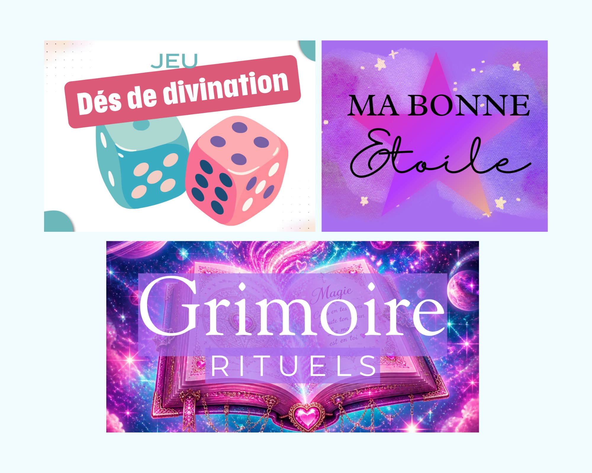 Jeux et outils de divination créés par Caroline Hémarin : dés de divination, Ma bonne étoile, grimoire de rituels
