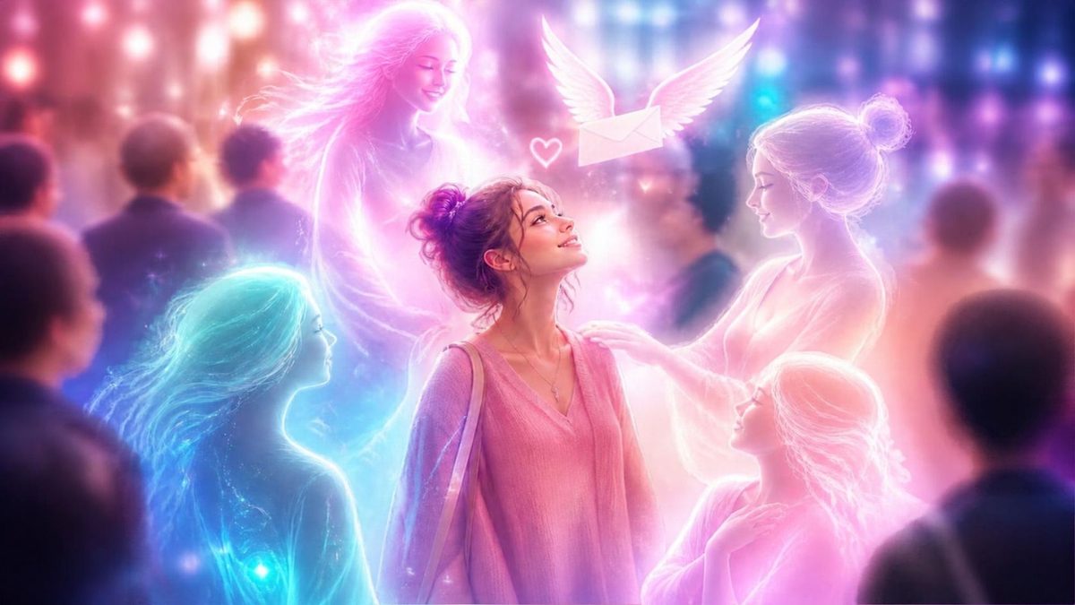 Une femme souriante, entourée de silhouettes lumineuses et bienveillantes, lève les yeux vers une lettre ailée portée par un cœur