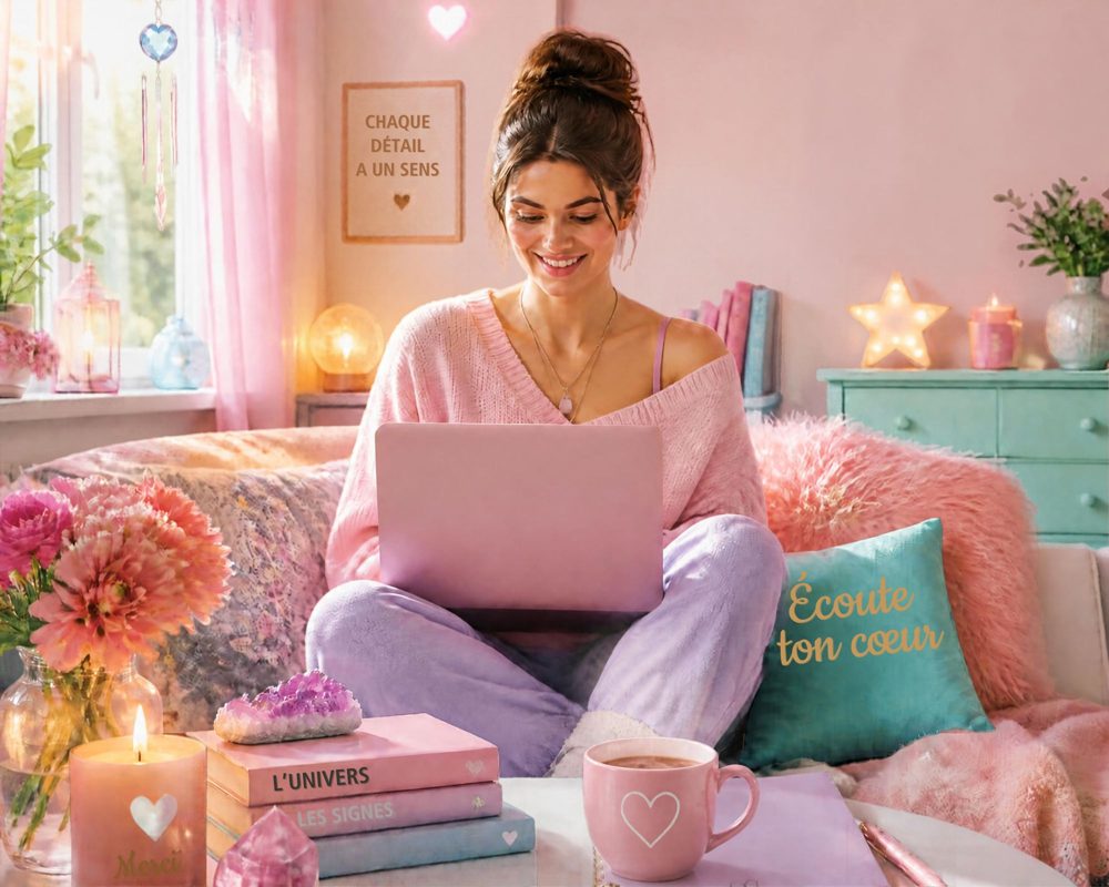 Une jeune femme sourit en regardant le replay d'un live Esoteva sur son ordinateur portable, dans un salon rose et lumineux.